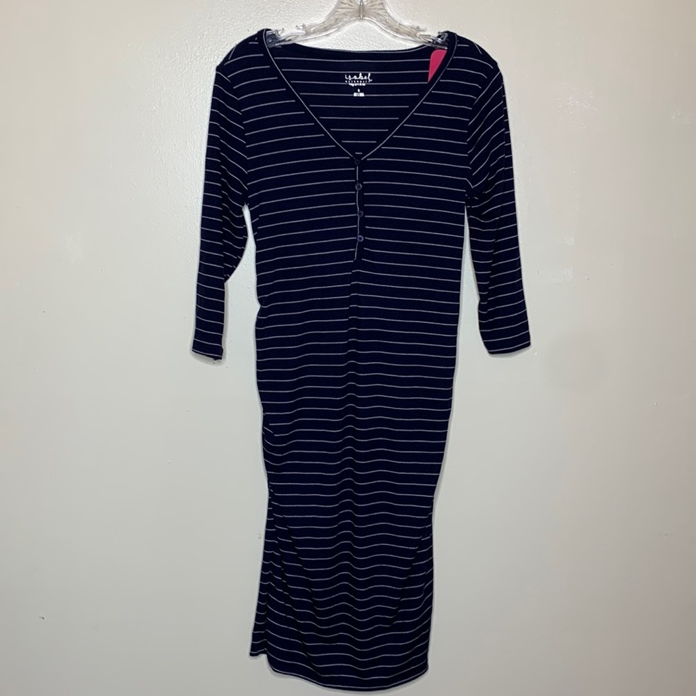 ISABEL Maternity Dress Blue & White Striped Jersey Knit V-Neck Comfortable Small